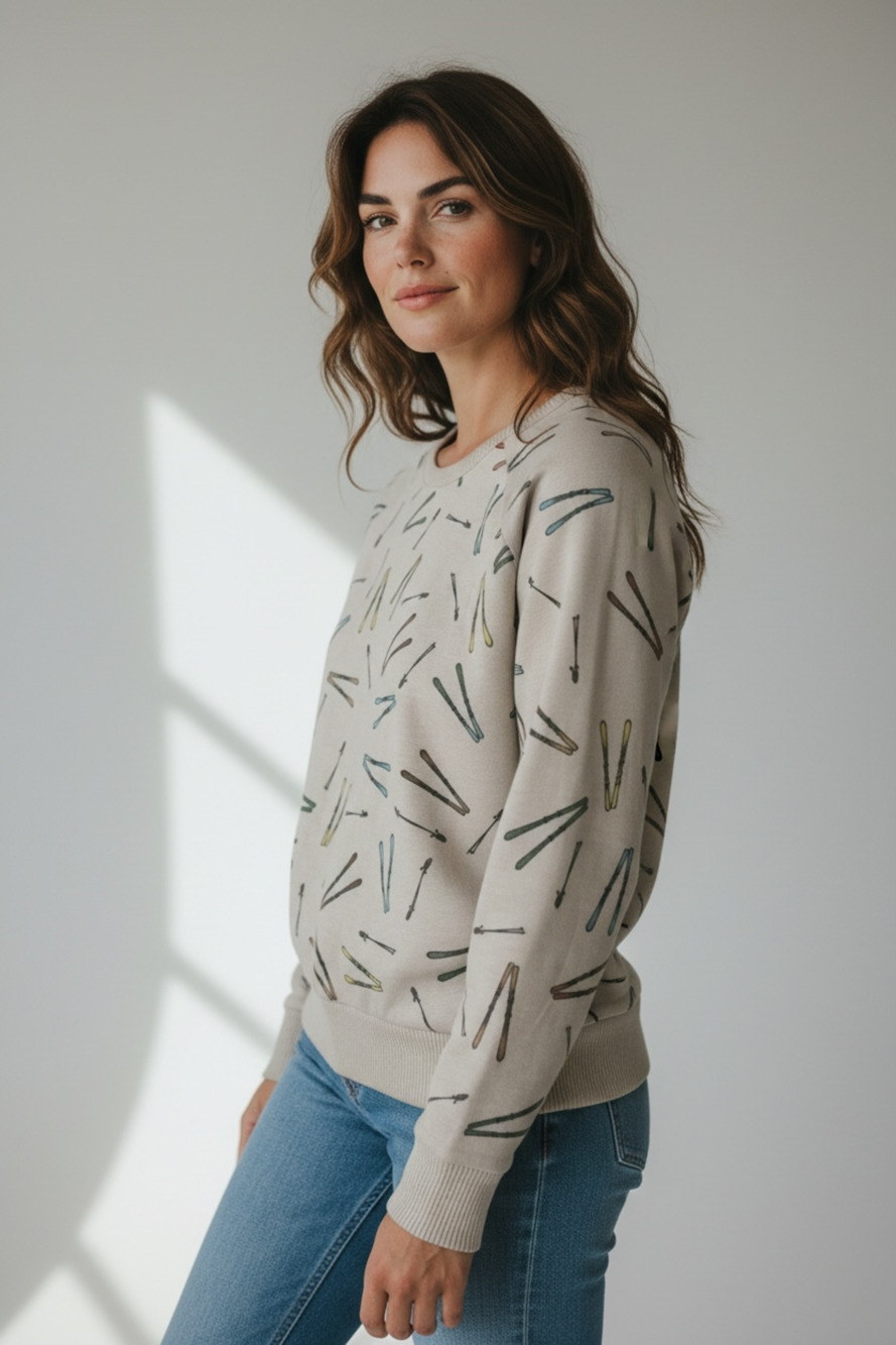 Anthropology brand Chaser Ski Print Sweatshirt Size S Cream Skiis Pullover Top